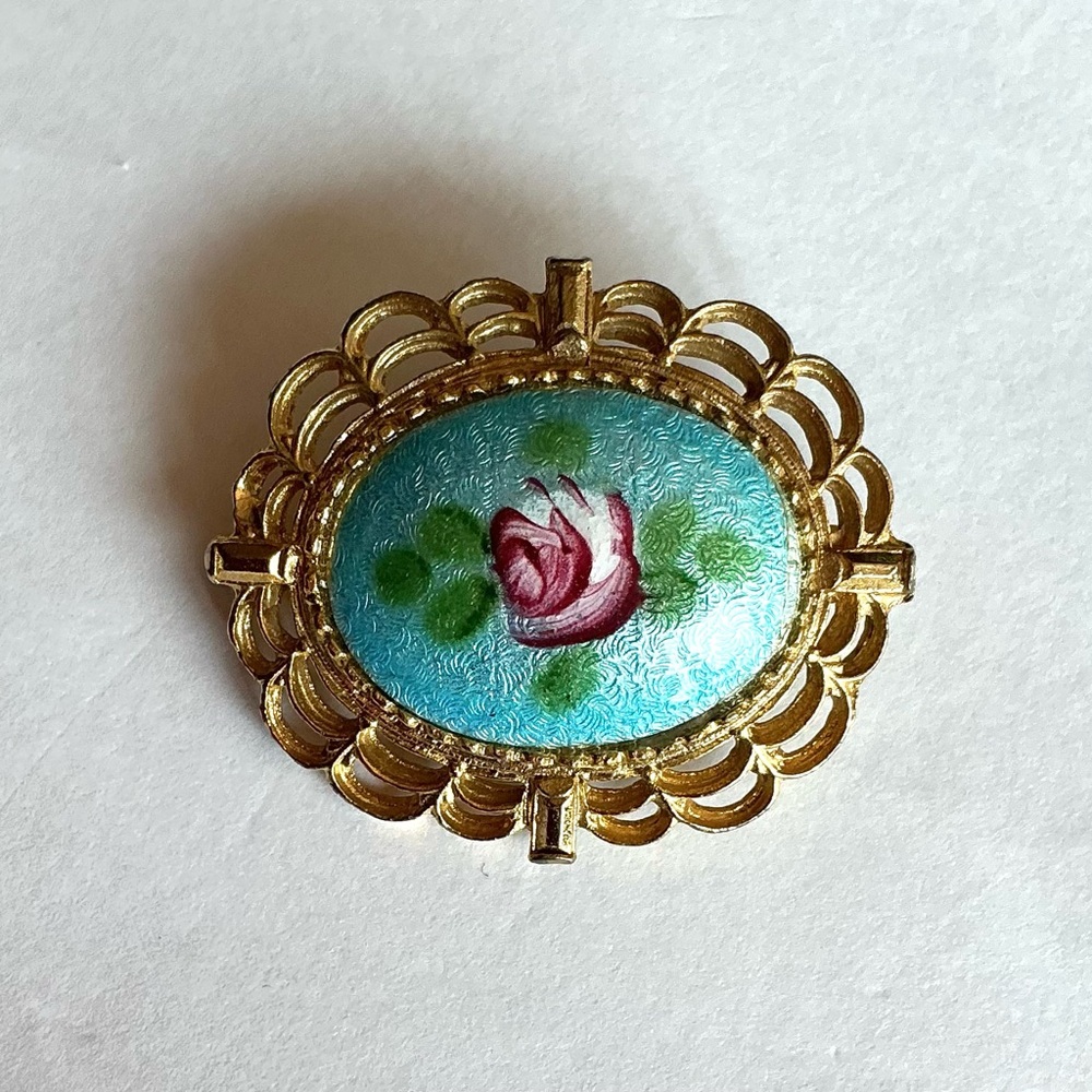Vintage Art Deco Gold and Blue Guilloche Floral Brooch